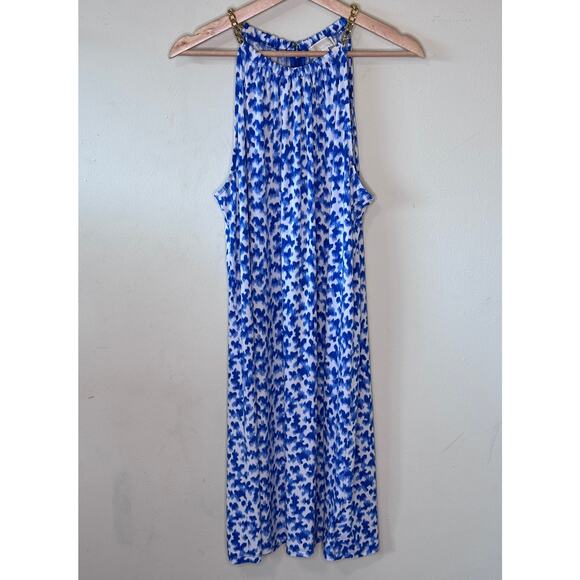 MICHAEL Michael Kors Royal Blue Halter Dress White Print Gold Chain DetaiL XL - Picture 2 of 5